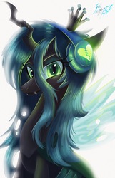 Size: 2320x3613 | Tagged: safe, artist:alexbluebird, queen chrysalis, changeling, changeling queen, g4, crown, female, headphones, high res, jewelry, looking at you, regalia, solo