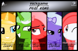 Size: 2699x1768 | Tagged: safe, artist:arifproject, oc, oc only, oc:comment, oc:downvote, oc:favourite, oc:hide image, oc:upvote, pony, derpibooru, g4, bedroom eyes, derpibooru ponified, grin, meta, nickname, one eye closed, ponified, real names, simple background, smiling, text, vector, wink