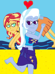 Size: 3024x4032 | Tagged: safe, artist:bigpurplemuppet99, sunset shimmer, trixie, equestria girls, g4, my little pony equestria girls: better together, carrying, clothes, female, lesbian, looking at each other, ship:suntrix, shipping, swimsuit