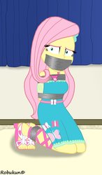 Size: 683x1171 | Tagged: safe, artist:robukun, fluttershy, butterfly, equestria girls, equestria girls series, g4, arm behind back, bondage, female, gag, geode of fauna, kneeling, looking at you, magical geodes, sandals, solo, tape bondage, tape gag, tied up