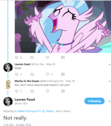 Size: 779x884 | Tagged: safe, screencap, silverstream, classical hippogriff, hippogriff, g4, school daze, lauren faust, meta, text, twitter, word of faust