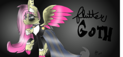 Size: 1366x629 | Tagged: safe, artist:fuchsia flame, fluttershy, pegasus, pony, fake it 'til you make it, g4, 1000 hours in sketchpad, art, bare hooves, bedroom eyes, buttons, chest fluff, choker, clothes, dress, eyeshadow, female, fluttergoth, fluttergoth is best waifu, goth, jewelry, makeup, mare, necklace, piercing