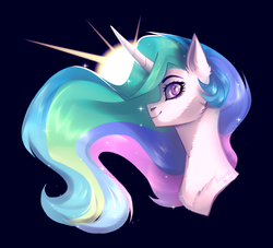 Size: 1788x1623 | Tagged: safe, artist:mp-printer, princess celestia, alicorn, pony, g4, black background, curved horn, female, horn, looking at you, mare, simple background, smiling, solo