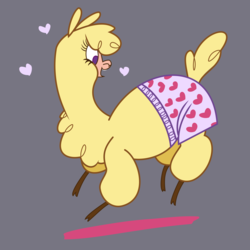 Size: 6000x6000 | Tagged: safe, artist:ithinkitsdivine, artist:lindsay towns, paprika (tfh), alpaca, them's fightin' herds, absurd resolution, boxers, chest fluff, clothes, cloven hooves, community related, female, gray background, heart, heart print underwear, simple background, smiling, solo, underwear