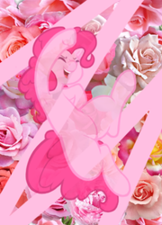 Size: 1490x2070 | Tagged: safe, artist:breezietype, pinkie pie, earth pony, pony, g4, abstract background, armpits, eyes closed, female, flower, jumping, mare, rose, smiling