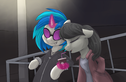 Size: 1428x932 | Tagged: safe, artist:haruhi-il, dj pon-3, octavia melody, vinyl scratch, earth pony, pony, unicorn, g4, clothes, drink, duo, female, floppy ears, glowing horn, horn, lamppost, lesbian, magic, mare, ship:scratchtavia, shipping, smiling, sunglasses