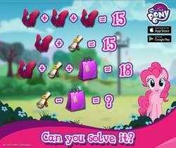 Size: 940x788 | Tagged: safe, gameloft, pinkie pie, earth pony, pony, g4, official, algebra, female, mare, math, my little pony logo, question mark, scroll, solo