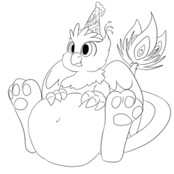 Size: 2000x2000 | Tagged: safe, artist:dudey64, oc, oc only, oc:gyro feather, oc:gyro tech, griffon, belly, belly button, big belly, fat, fetish, griffonized, hat, high res, monochrome, party hat, solo, species swap, vore