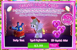 Size: 2048x1352 | Tagged: safe, gameloft, iron eagle, pegasus, pony, g4, advertisement, armor, coin, costs real money, female, helmet, introduction card, mare, party tank, ponyville, royal legion, sale, solo