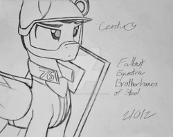 Size: 1024x811 | Tagged: safe, artist:fanliterature101, oc, oc only, oc:century, pony, fallout equestria, fallout equestria brotherhooves of steel, security guard, solo, stable 76, traditional art, watermark
