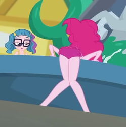 Size: 492x493 | Tagged: safe, screencap, pinkie pie, technicolor waves, equestria girls, equestria girls series, g4, x marks the spot, ass, balloonbutt, butt, clothes, cropped, female, glasses, legs, swimsuit