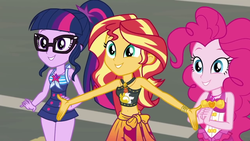 Size: 1280x720 | Tagged: safe, screencap, pinkie pie, sci-twi, sunset shimmer, twilight sparkle, equestria girls, equestria girls series, g4, x marks the spot, belly button, clothes, female, midriff, swimsuit, trio, trio female