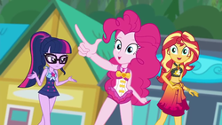 Size: 1280x720 | Tagged: safe, screencap, pinkie pie, sci-twi, sunset shimmer, twilight sparkle, equestria girls, equestria girls series, g4, x marks the spot, belly button, clothes, female, midriff, swimsuit, trio, trio female, varying degrees of want