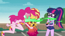 Size: 800x450 | Tagged: safe, screencap, pinkie pie, sci-twi, sunset shimmer, twilight sparkle, human, equestria girls, equestria girls series, g4, x marks the spot, animated, clothes, crying, feet, female, fire, fire breath, fire pinkie, gif, glasses, green fire, it burns burns burns, loop, open mouth, red face, shocked, swimsuit, tears of pain, trio, trio female, wasabi