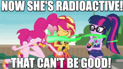 Size: 800x450 | Tagged: safe, edit, edited screencap, screencap, pinkie pie, sci-twi, sunset shimmer, twilight sparkle, human, equestria girls, equestria girls series, g4, x marks the spot, animated, caption, clothes, crying, doom comic, female, fire, fire breath, fire pinkie, flip-flops, food, glasses, green fire, image macro, meme, red face, shocked, sushi, sushi cone, swimsuit, tears of pain, text, trio, trio female, wasabi