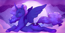 Size: 3350x1700 | Tagged: safe, artist:amberpendant, princess luna, pony, g4, cloud, looking at you, lying, moon, night, stars