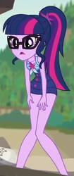 Size: 281x672 | Tagged: safe, screencap, sci-twi, twilight sparkle, equestria girls, g4, my little pony equestria girls: better together, x marks the spot, clothes, cropped, female, glasses, legs, nerd, open mouth, ponytail, sci-twi swimsuit, solo, swimsuit