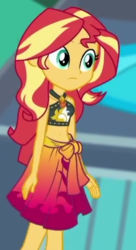 Size: 270x495 | Tagged: safe, screencap, sunset shimmer, equestria girls, g4, my little pony equestria girls: better together, x marks the spot, :|, belly button, bikini, bikini top, clothes, confused, cropped, female, geode of empathy, jewelry, magical geodes, midriff, necklace, sarong, skirt, sleeveless, solo, sunset shimmer swimsuit, swimsuit, walking, wrist cuff