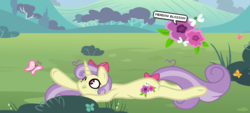 Size: 2232x1011 | Tagged: safe, artist:chococakebabe, oc, oc only, oc:meadow blossom, butterfly, pony, unicorn, bow, female, flower, hair bow, mare, prone, solo, tail bow