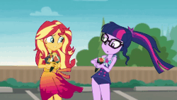 Size: 800x450 | Tagged: safe, screencap, sci-twi, sunset shimmer, twilight sparkle, equestria girls, g4, my little pony equestria girls: better together, x marks the spot, animated, bikini, clothes, cute, female, food, sarong, sushi, swimsuit, towel