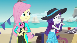 Size: 1280x720 | Tagged: safe, screencap, fluttershy, rarity, equestria girls, g4, my little pony equestria girls: better together, too hot to handle, beach, clothes, geode of fauna, hat, ocean, smiling, sun hat, swimsuit, wetsuit