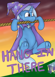 Size: 1000x1400 | Tagged: safe, artist:pavlovzdawg, trixie, pony, unicorn, g4, cape, clothes, female, frog (hoof), hang in there, hanging, hat, mare, rope, solo, trixie's cape, trixie's hat, underhoof