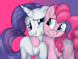 Size: 1600x1200 | Tagged: safe, artist:pavlovzdawg, pinkie pie, rarity, earth pony, pony, unicorn, g4, cute, diapinkes, female, floppy ears, hug, lesbian, looking at each other, mare, raribetes, ship:raripie, shipping, squishy cheeks