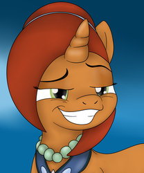 Size: 1000x1200 | Tagged: safe, artist:pavlovzdawg, stellar flare, pony, unicorn, g4, dreamworks face, female, grin, looking at you, mare, shit eating grin, smiling, smug, solo, stellarface, stellarsmug