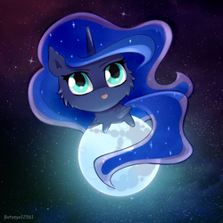 Size: 1500x1500 | Tagged: safe, alternate character, alternate version, artist:batonya12561, princess luna, alicorn, pony, g4, :3, :p, big head, cheek fluff, chest fluff, chibi, cute, dark background, ear fluff, featured image, female, fluffy, looking at you, lunabetes, mare, mare in the moon, missing accessory, mlem, moon, prone, silly, solo, space, stars, tangible heavenly object, tongue out