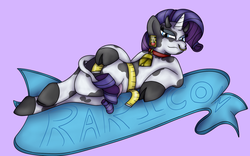 Size: 1600x1000 | Tagged: safe, artist:pavlovzdawg, rarity, cow, cow pony, pony, unicorn, g4, bell, cowbell, cowified, ear tag, female, looking at you, mare, measuring tape, raricow, solo, species swap, transformation, udder