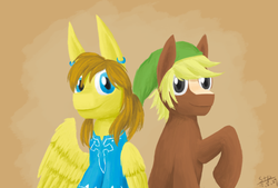 Size: 1000x674 | Tagged: safe, artist:sunnytp, quarter hearts, earth pony, pegasus, pony, g4, cap, clothes, crossover, hat, link, male, ponified, stallion, the legend of zelda, tunic