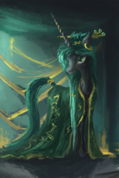 Size: 1000x1500 | Tagged: safe, artist:plainoasis, queen chrysalis, changeling, changeling queen, g4, alternate hairstyle, clothes, dress, ear piercing, earring, female, jewelry, piercing, solo, tail wrap