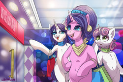 Size: 800x533 | Tagged: dead source, safe, artist:php154, artist:trojan-pony, cookie crumbles, rarity, sweetie belle, unicorn, semi-anthro, g4, bipedal, collar, commission, family, female, food, mare, mother and daughter, purse, sapphire eye rarity, shopping, sisters, smiling