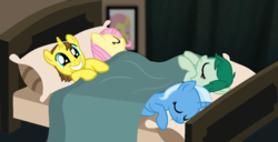 Size: 1220x627 | Tagged: safe, artist:grapefruitface1, fluttershy, trixie, wallflower blush, oc, pony, g4, bed, equestria girls ponified, harem, ponified, show accurate