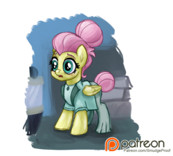 Size: 1500x1353 | Tagged: safe, alternate version, artist:smudge proof, fluttershy, pony, fake it 'til you make it, g4, alternate hairstyle, alternate scene, breaking character, clothes, dialogue, fear, female, frightened, frozen in fear, lost composure, offscreen character, patreon, patreon logo, patreon reward, rarity for you, scared, severeshy, shop, simple background, solo, suggestive description, transparent background