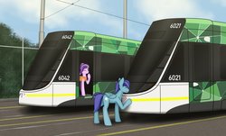 Size: 2048x1233 | Tagged: safe, artist:subway777, starlight glimmer, oc, oc:sierra nightingale, pegasus, pony, unicorn, g4, commission, duo, female, male, melbourne, melbourne e-class tram, train, tram