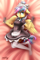 Size: 3500x5200 | Tagged: safe, artist:sparklyon3, oc, oc only, pegasus, anthro, plantigrade anthro, rcf community, anthro oc, clothes, commission, dress, maid, missing shoes, socks, solo, stockings, suit, thigh highs, ych result, zettai ryouiki