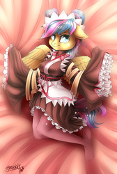 Size: 3500x5200 | Tagged: safe, artist:sparklyon3, oc, oc only, pegasus, anthro, plantigrade anthro, rcf community, anthro oc, clothes, commission, dress, kimono minidress, missing shoes, socks, solo, stockings, suit, thigh highs, wa-loli, ych result