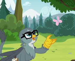 Size: 1200x978 | Tagged: safe, artist:jhaller, edit, edited screencap, screencap, gabby, butterfly, griffon, g4, exploitable, glasses, is this a pigeon, meme