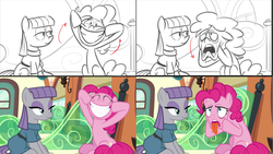 Size: 1772x997 | Tagged: safe, artist:wardomatic, screencap, maud pie, pinkie pie, g4, my little pony: friendship is magic, rock solid friendship, comparison, storyboard, train