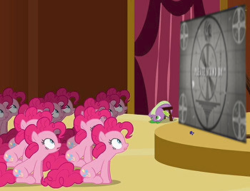 Size: 350x268 | Tagged: safe, edit, edited screencap, screencap, pinkie pie, spike, dragon, g4, my little pony: friendship is magic, too many pinkie pies, clone, fallout, loading screen, male, pinkie clone