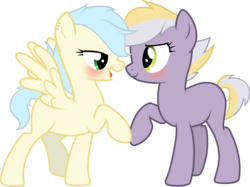 Size: 3708x2774 | Tagged: safe, artist:mikoneerd, oc, oc only, oc:apple stone, oc:risky luck, earth pony, pegasus, pony, blushing, female, high res, lesbian, magical lesbian spawn, mare, oc x oc, offspring, offspring shipping, parent:applejack, parent:fluttershy, parent:limestone pie, parent:soarin', parents:limejack, parents:soarinshy, shipping, simple background, transparent background