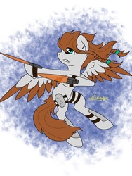 Size: 768x1024 | Tagged: safe, artist:wing, oc, oc only, oc:scarlett drop, pegasus, pony, angry, female, large wings, looking at each other, looking up, pigtails, solo, teeth, weapon, wings