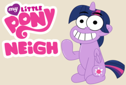 Size: 2561x1727 | Tagged: safe, artist:badumsquish, derpibooru exclusive, twilight sparkle, alicorn, pony, unicorn, g4, brown background, bug eyes, calarts, cursed image, female, grin, grinning potato, harsher in hindsight, hilarious in hindsight, looking at you, mare, my little pony logo, my little pony: neigh, neigh, parody, shiny, simple background, sitting, smiling, solo, style emulation, thin-line style, thundercats roar, twilight sparkle (alicorn), wat, waving