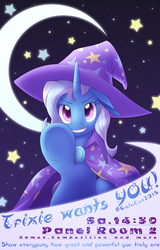 Size: 2674x4180 | Tagged: safe, artist:skyheavens, artist:starfox, trixie, pony, unicorn, galacon, galacon 2018, g4, 2018, cape, clothes, convention, female, germany, grin, hat, looking at you, mare, panel, pointing, poster, smiling, trixie wants you!, trixie's cape, trixie's hat, tsp bait, uncle sam, underhoof