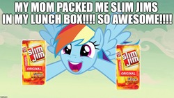 Size: 1280x720 | Tagged: safe, edit, edited screencap, editor:useraccount, screencap, rainbow dash, pegasus, pony, g4, excessive exclamation marks, image macro, implied windy whistles, meme, ponies eating meat, product placement, shitposting, slim jim