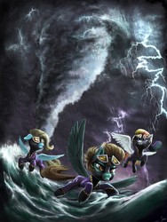 Size: 1400x1860 | Tagged: safe, artist:nemo2d, lightning dust, pegasus, pony, g4, clothes, costume, goggles, lightning, shadowbolts, shadowbolts (nightmare moon's minions), shadowbolts costume, storm, tornado, water