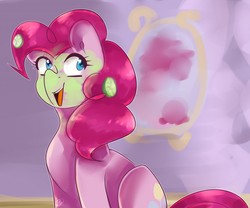 Size: 1280x1067 | Tagged: safe, artist:renka2802, pinkie pie, earth pony, pony, g4, blue eyes, cucumber, female, food, mare, mirror, mud mask, open mouth, smiling, spa