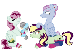Size: 733x491 | Tagged: safe, artist:glamgoria-morose, oc, oc only, oc:falsetto fallout, oc:holly-hay carol, oc:pristine melody, oc:turquoise edge, earth pony, pegasus, pony, kindverse, blind eye, clothes, female, lesbian, looking at each other, magical lesbian spawn, offspring, parent:applejack, parent:coloratura, parent:limestone pie, parent:oc:pristine melody, parent:oc:turquoise edge, parent:zephyr breeze, parents:rarajack, parents:zephyrstone, scar, socks, striped socks