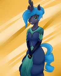 Size: 2000x2500 | Tagged: safe, artist:magnificent-arsehole, oc, oc only, oc:queen polistae, changeling, changeling queen, anthro, changeling queen oc, clothes, dress, female, gown, high res, solo